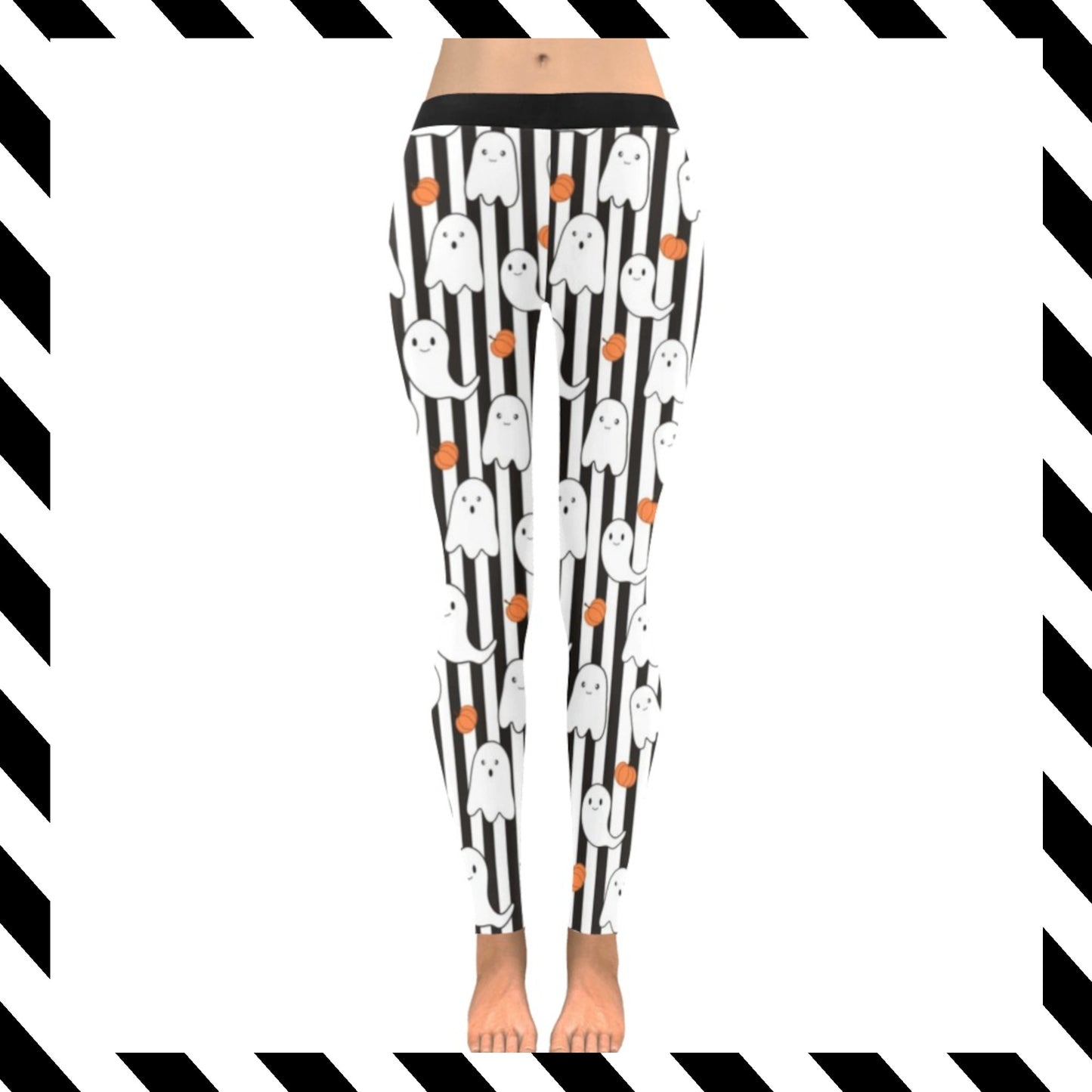 Leggings with ghost and candy corn pattern on a black and white striped background