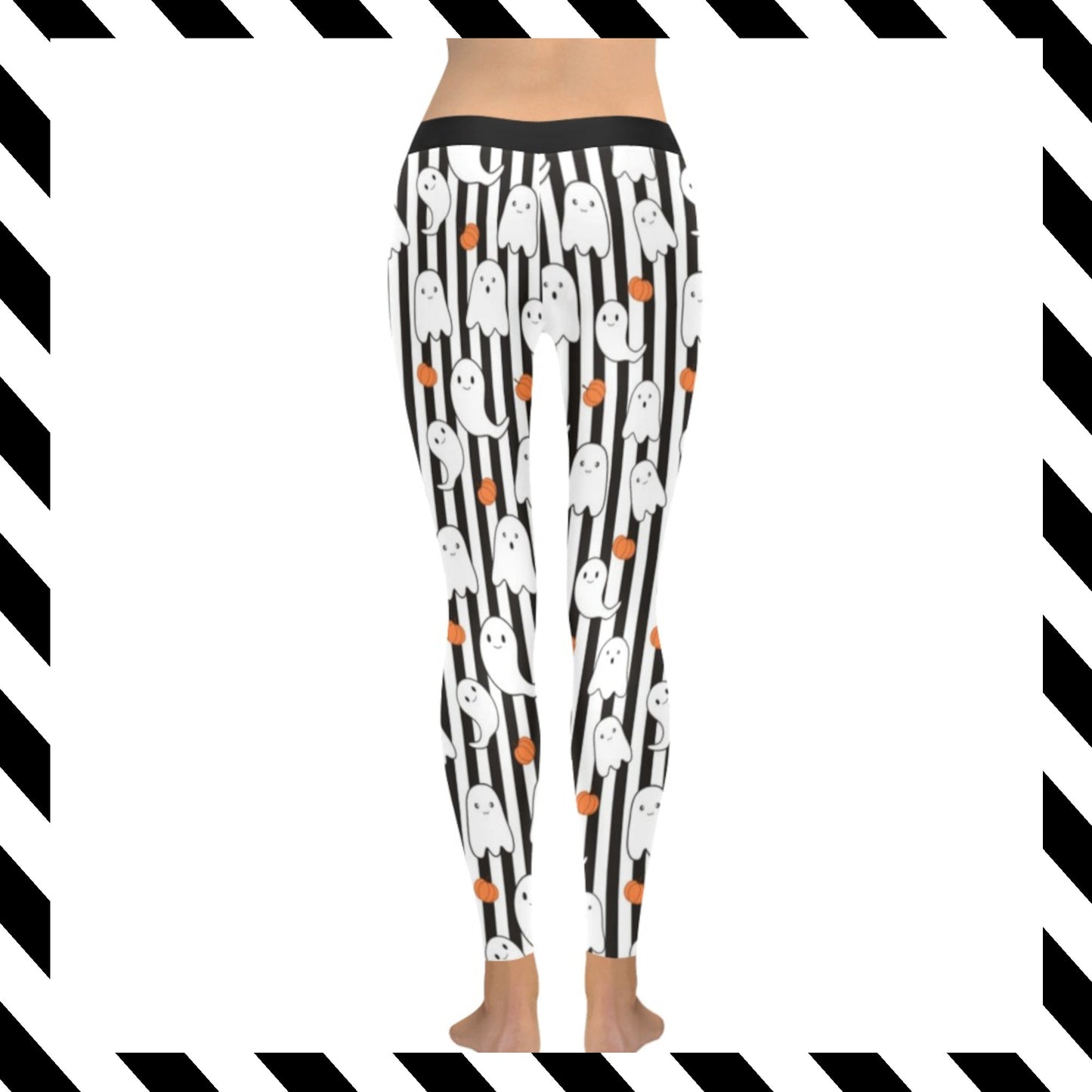 Leggings with ghost pattern on black and white striped background