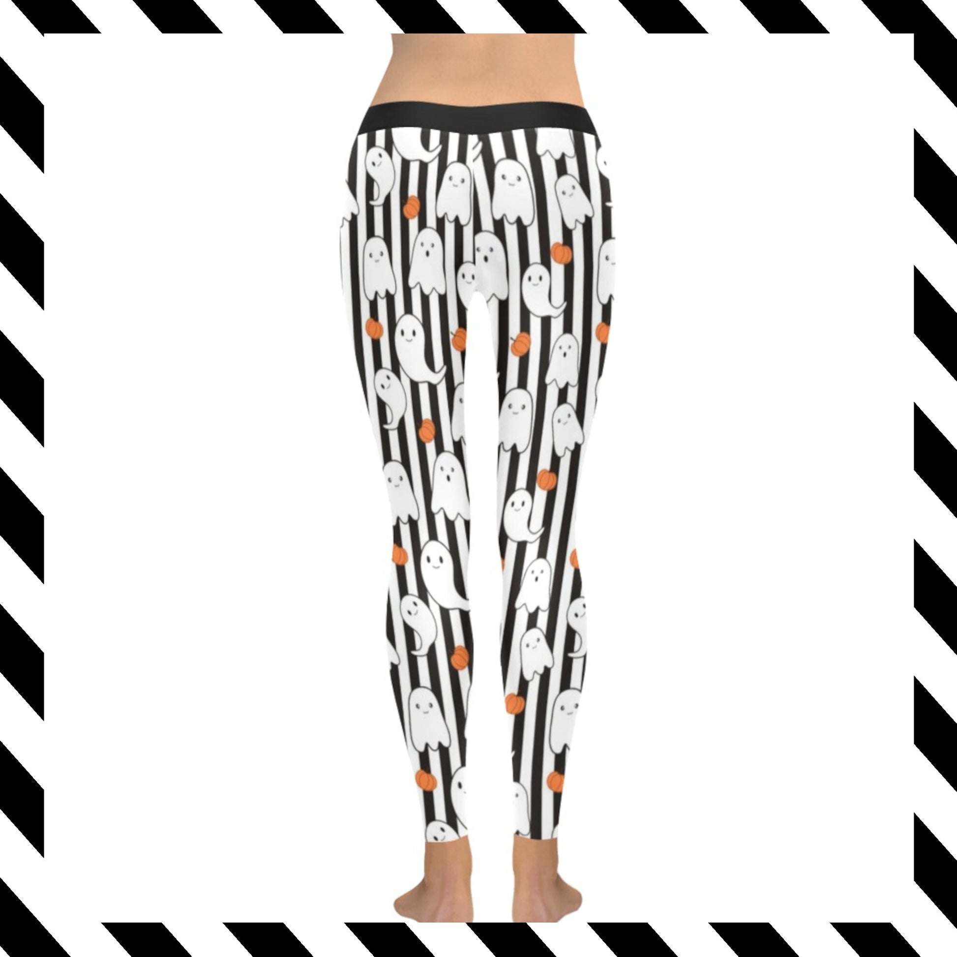 Leggings with ghost pattern on black and white striped background