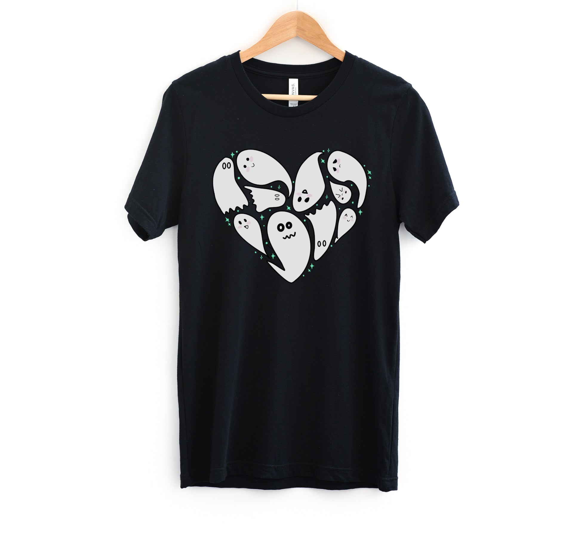 Black t-shirt with Halloween ghost design on a white background
