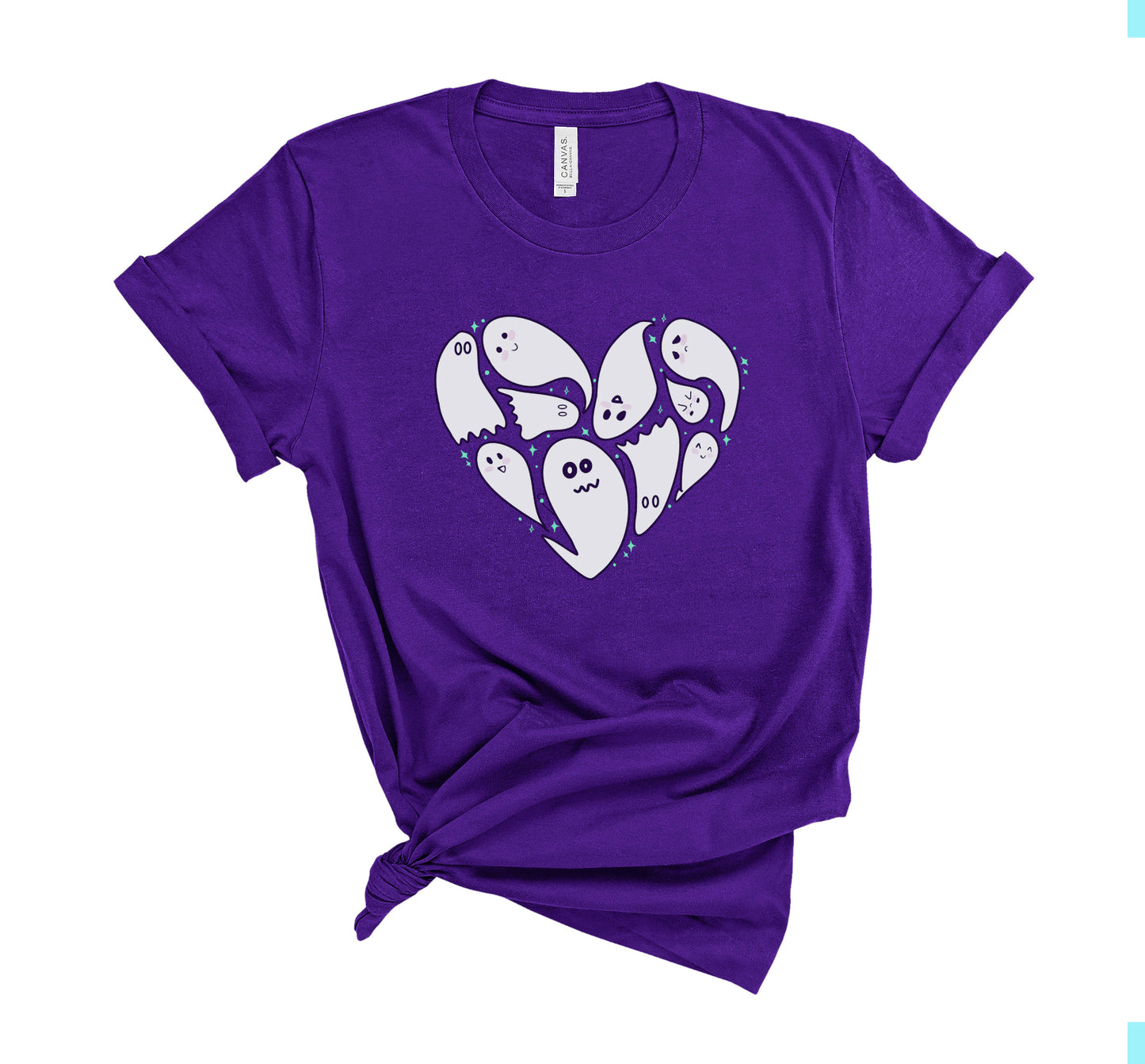 Purple t-shirt with Halloween ghost design on a white background