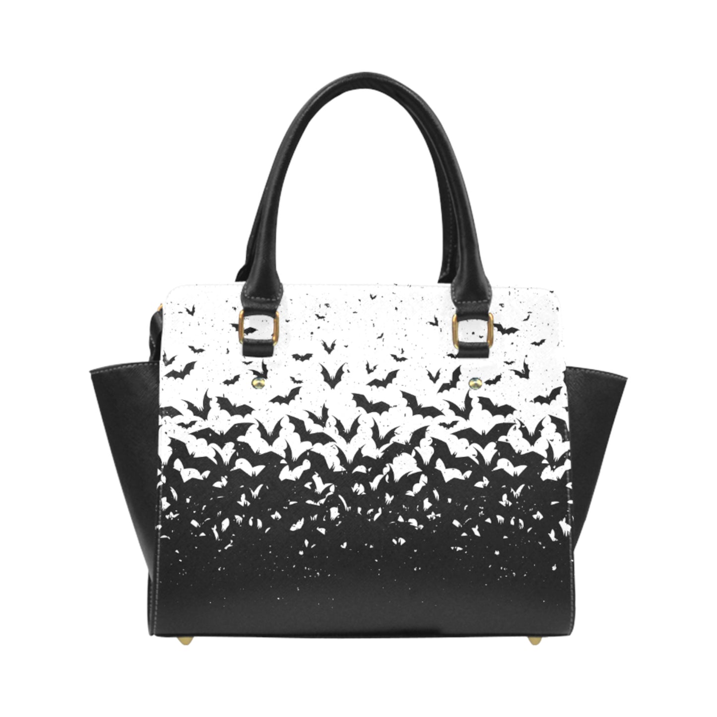 Handbag with black bat pattern on a white background