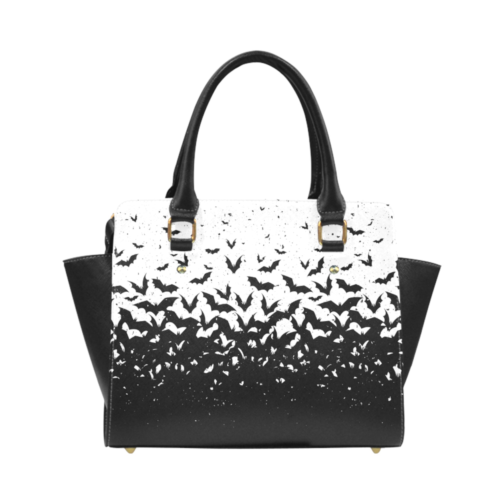 Handbag with black bat pattern on a white background