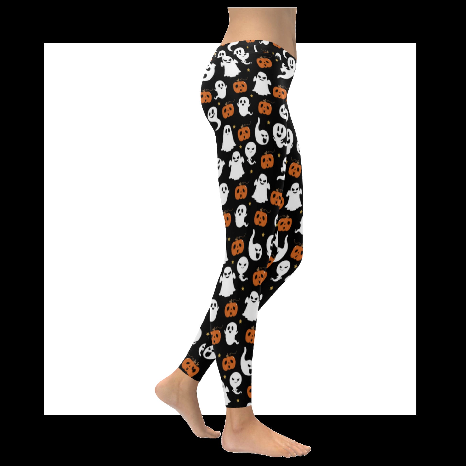 Leggings with Halloween-themed pattern on a black background