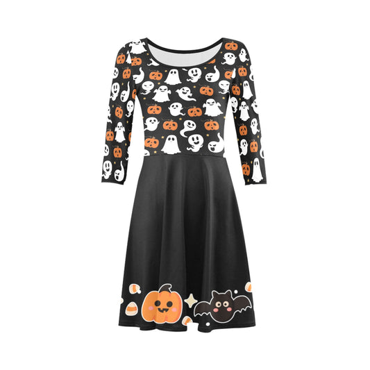 Black dress with Halloween-themed pattern on a white background