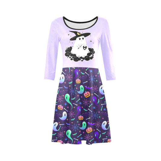 Halloween-themed dress with ghost and witch hat design on a white background
