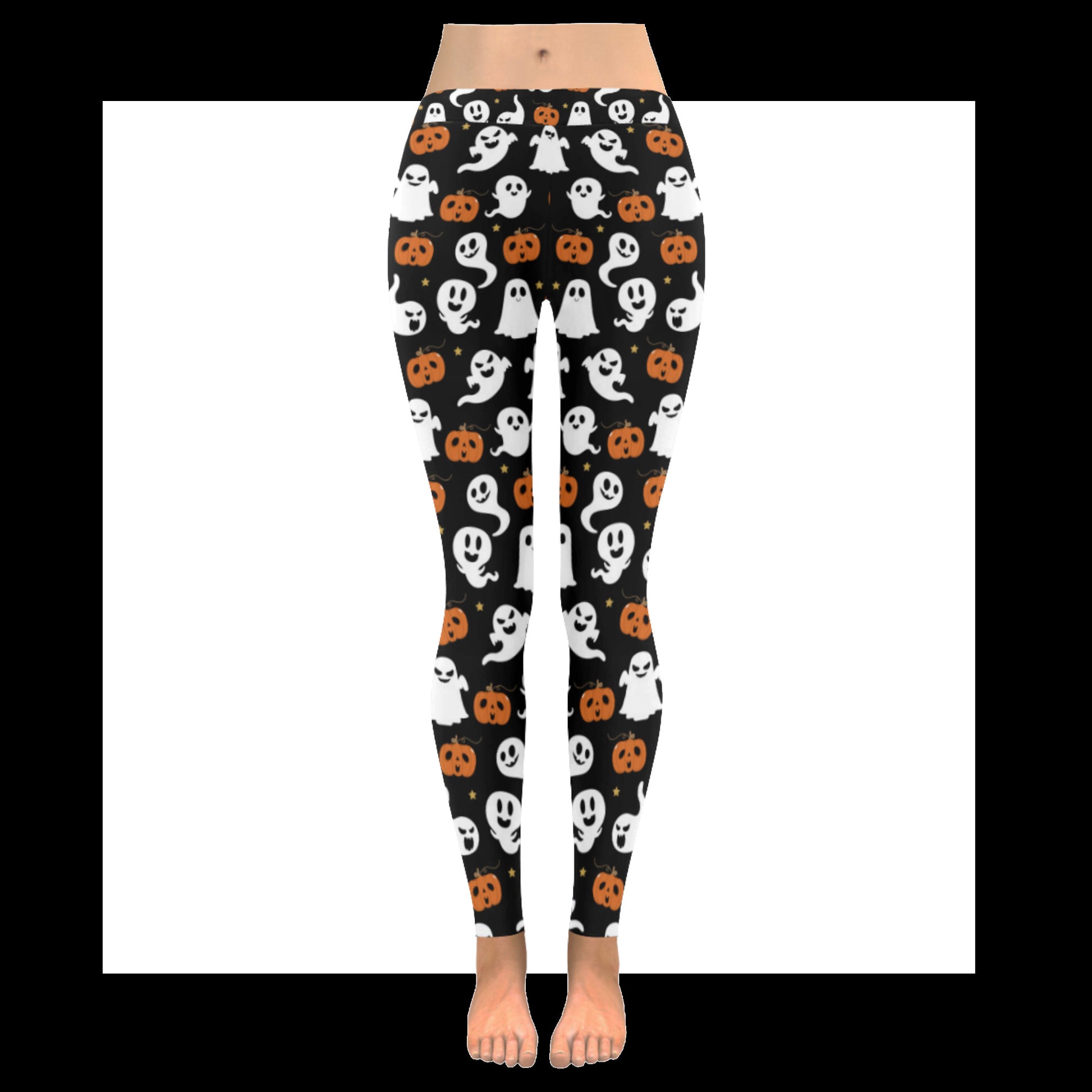 Halloween-themed leggings with ghosts and pumpkins on a black background