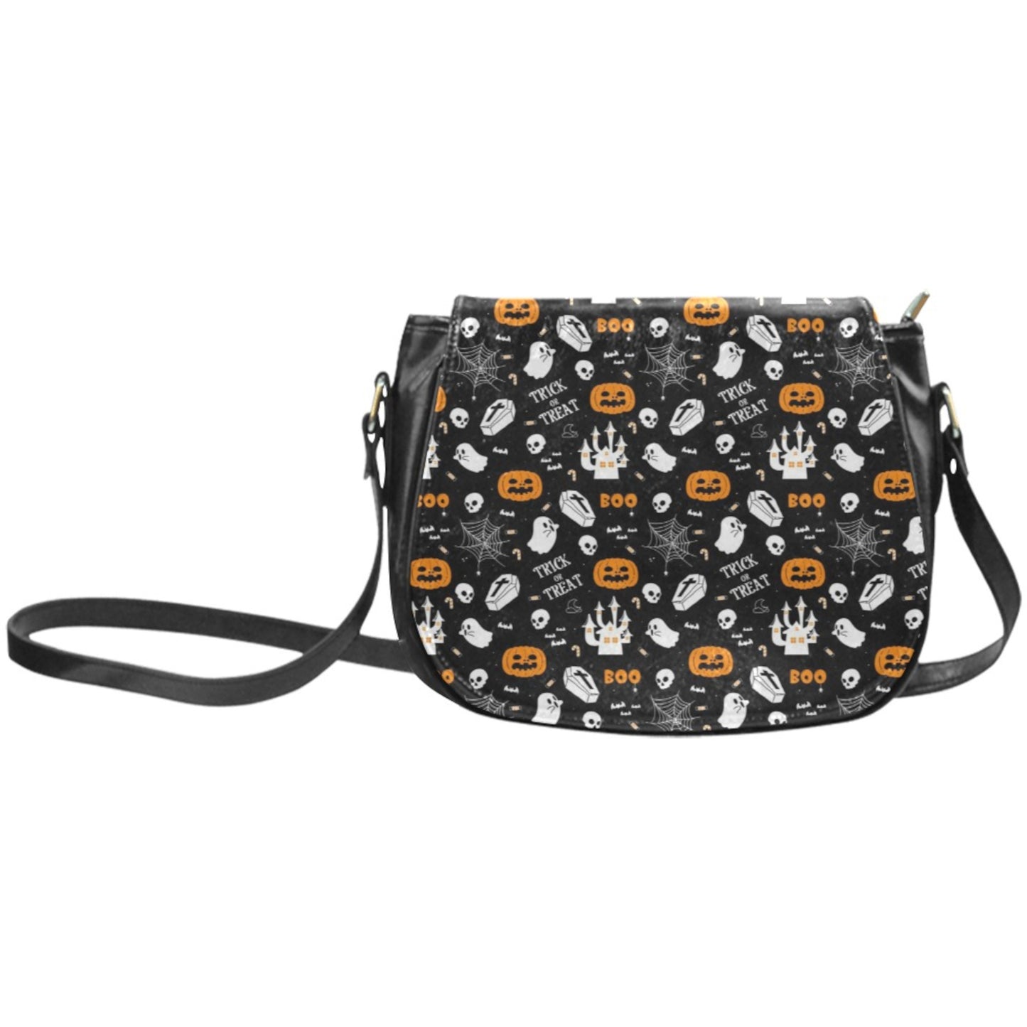 Halloween-themed crossbody bag with black background and various patterns.