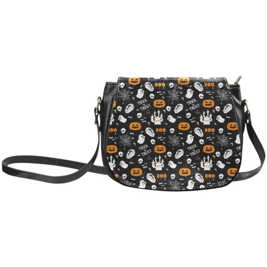 Halloween-themed crossbody bag with black background and various patterns.