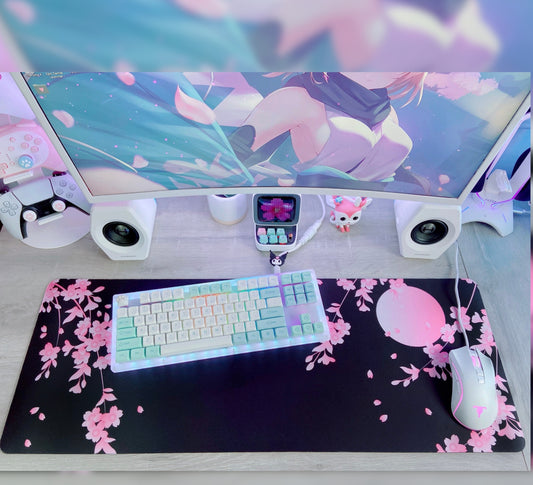 Soft kawaii desk mat with adorable floral design on a tidy workspace