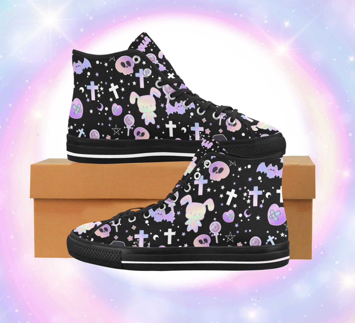 Close-up of cute pastel-colored shoes with decorative elements, displayed on a colourful background