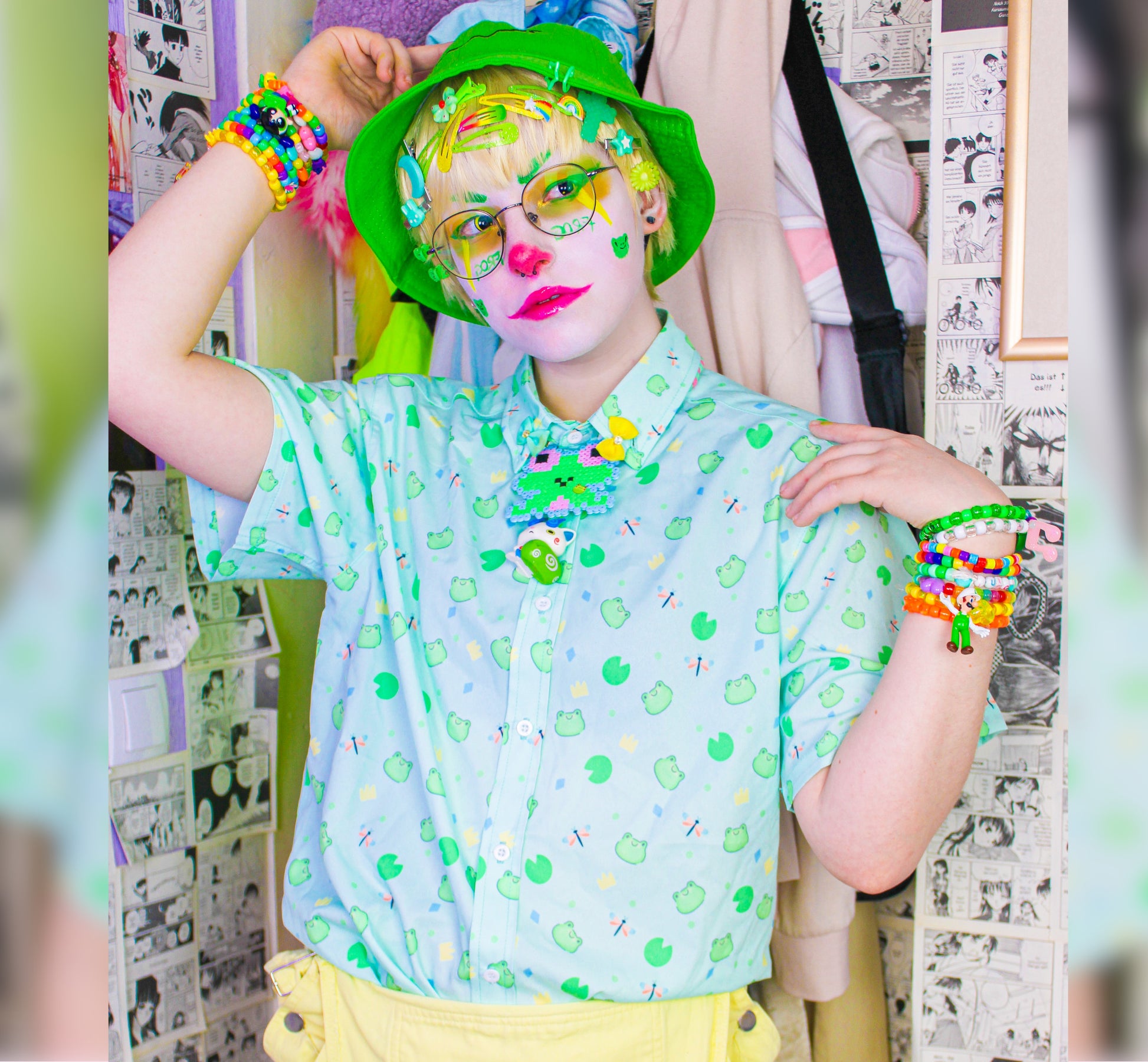 Youthful model wearing a cute kawaii  frog shirt with pastel colours