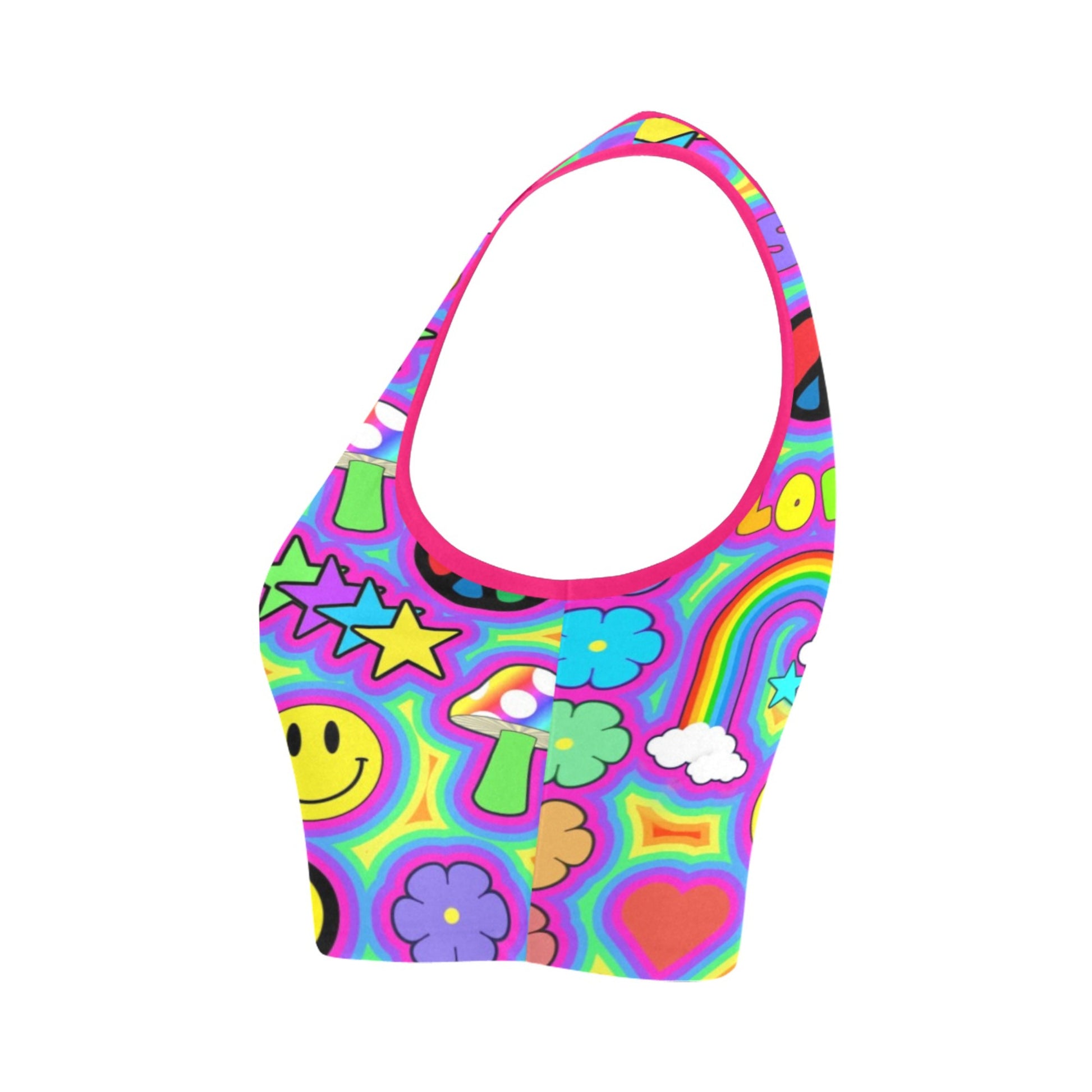 Kidcore_Rainbowcore_Harajuku_trippy rainbow love crop top on white background.
