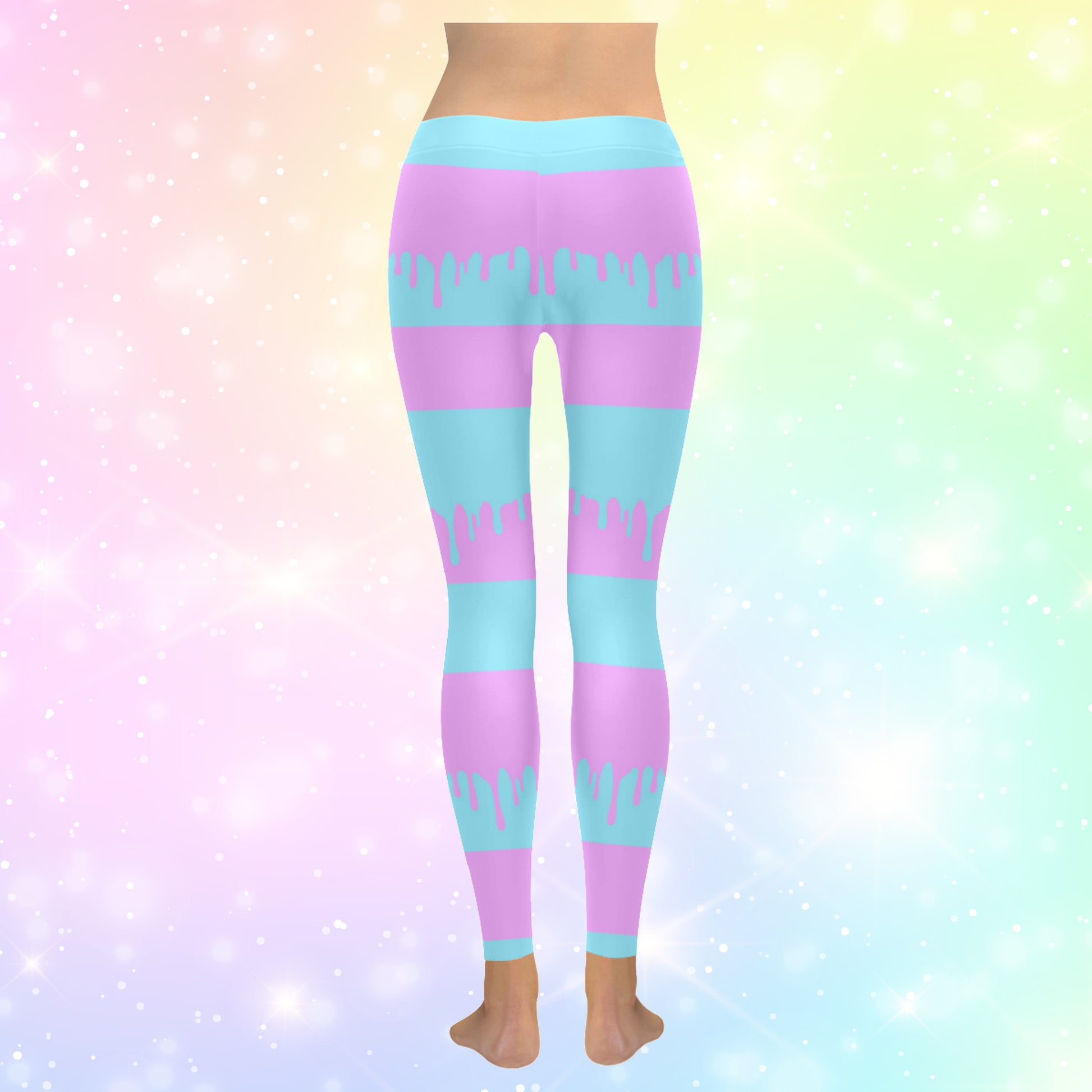 blue and pink pastel goth leggings displayed on coloured background