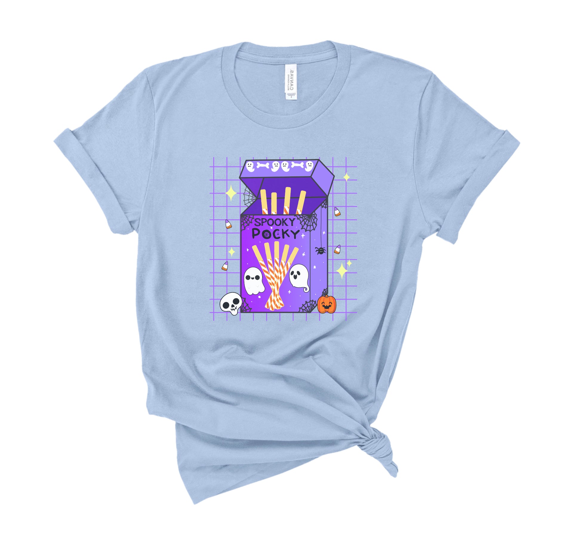 Light blue t-shirt with a graphic design of a purple candy box labeled 'Spooky Pocky' on a white background.