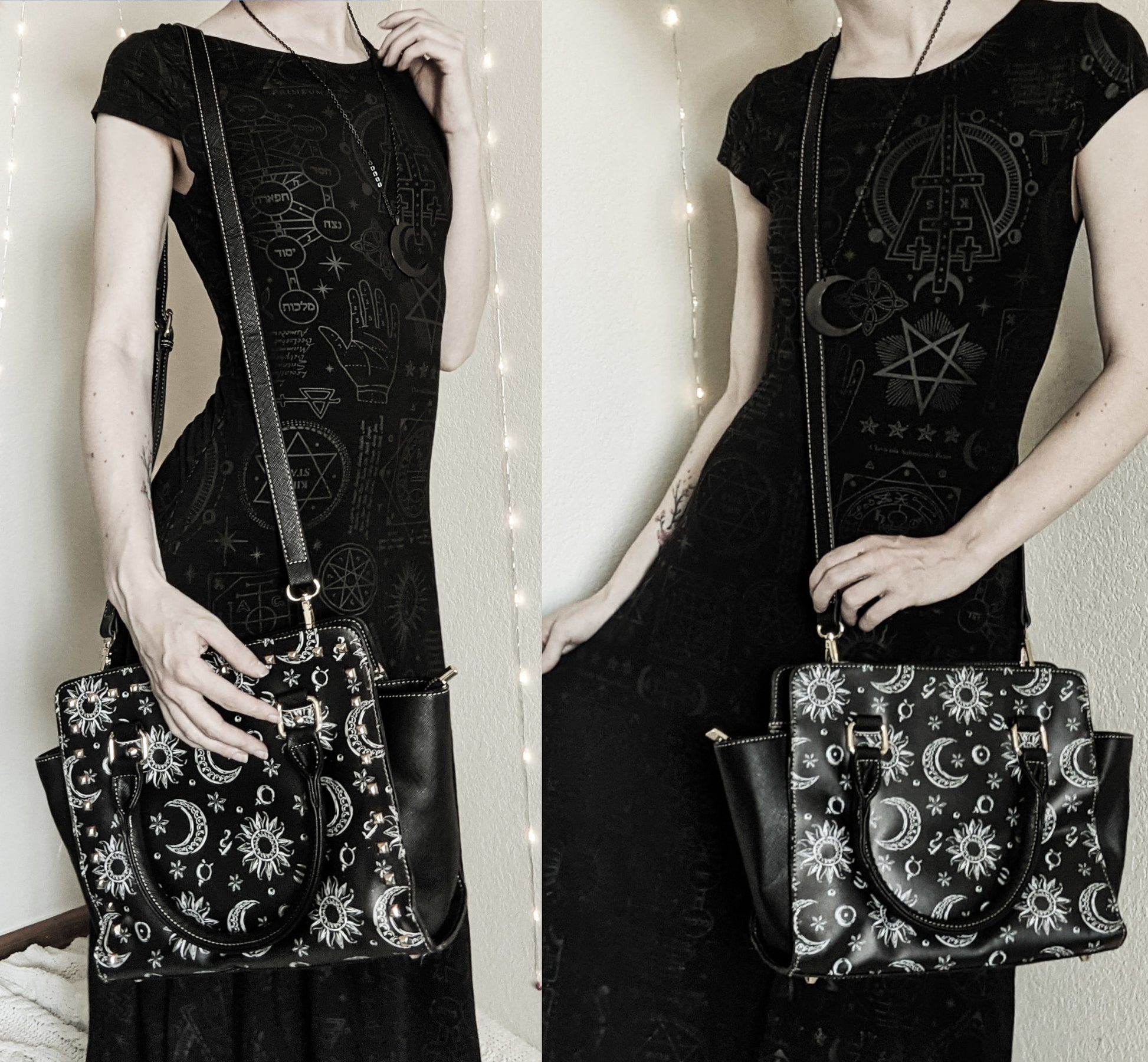 Person wearing a black dress with celestial designs, holding a matching black handbag with star and moon patterns.