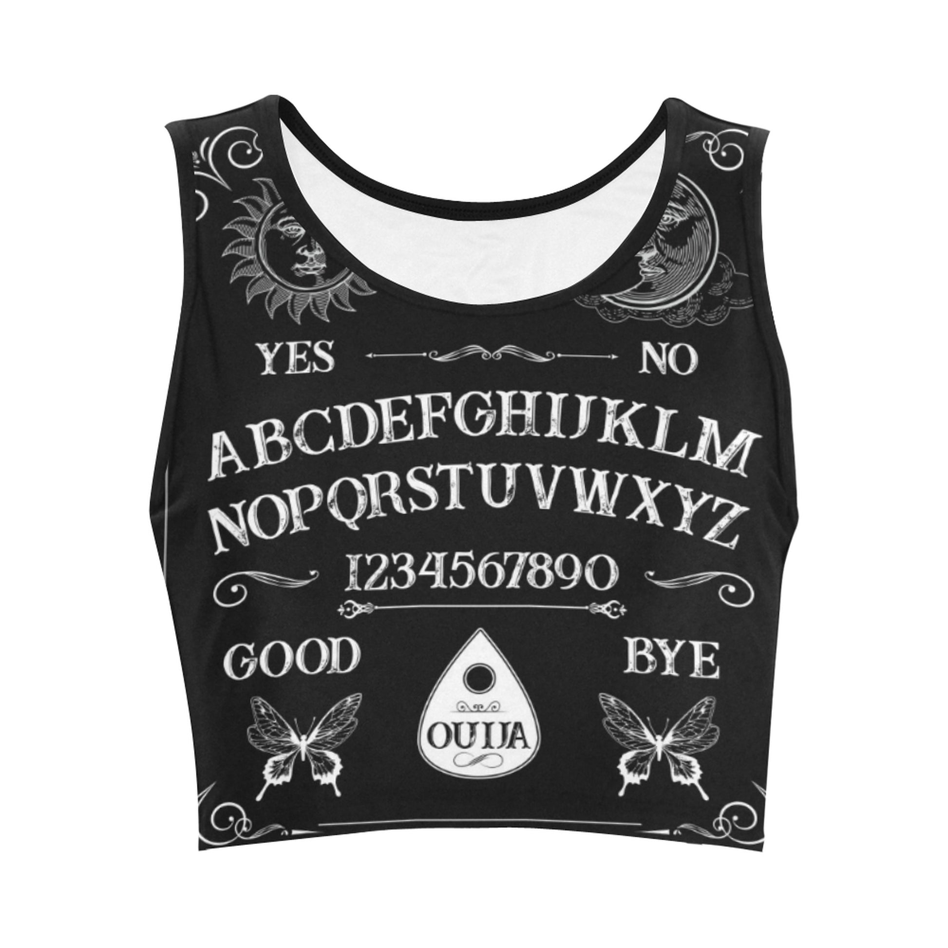 black goth Ouija board crop top displayed on clean white background.