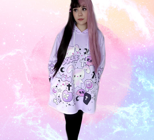 young model wearing a pastel goth Harajuku creepy cute bunny Halloween dress