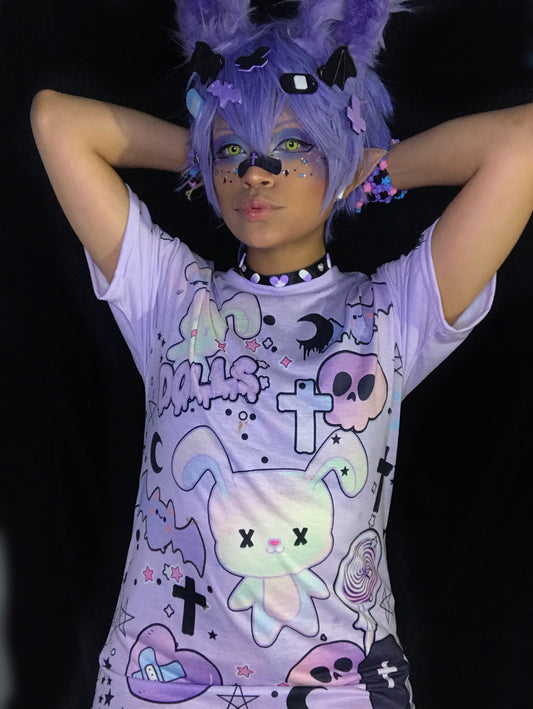 Youth model wearing a kawaii pastel goth t-shirt 
