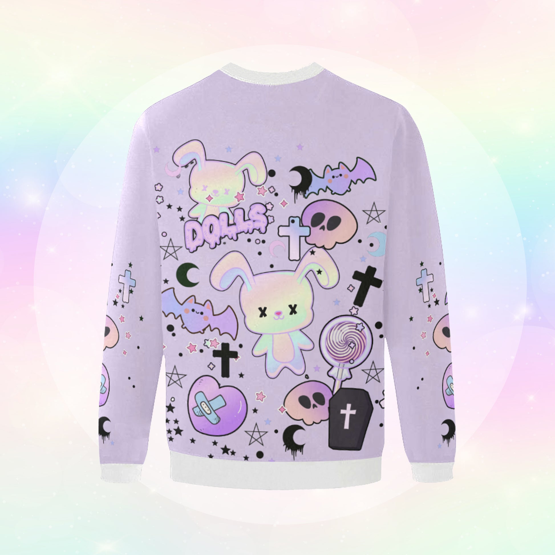 pastel goth sweatshirt with cute creepy skull bunny design displayed on pastel background.