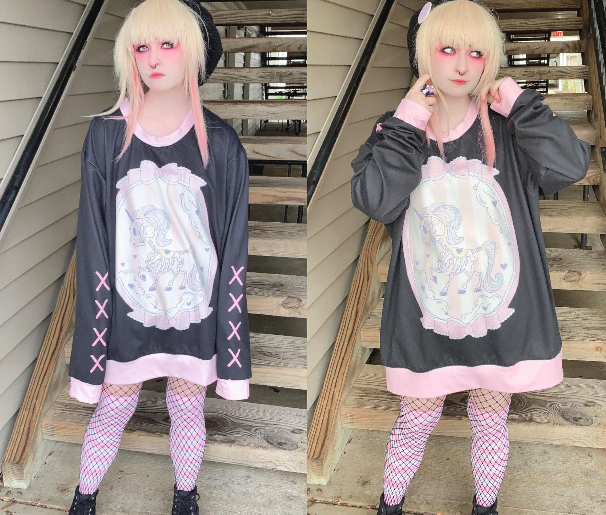 model wearing a pastel goth yami kawaii unicorn skeleton oversized sweatshirt