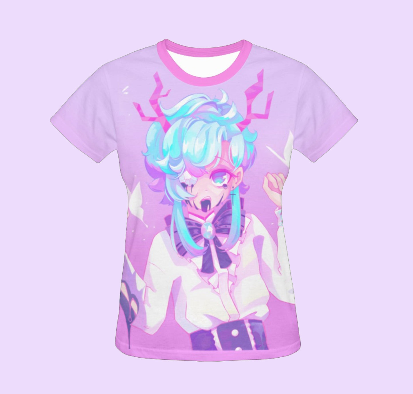 Spooky pastel goth kawaii t-shirt displayed on a purple background.