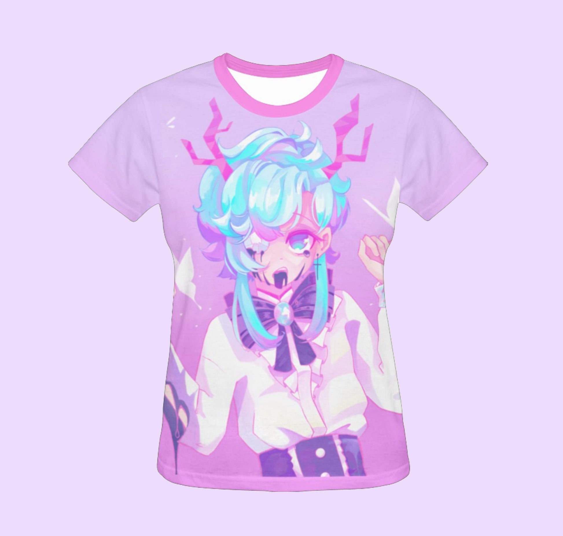 Spooky pastel goth kawaii t-shirt displayed on a purple background.