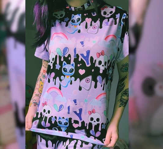 model wearing a pastel goth t-shirt with skull design