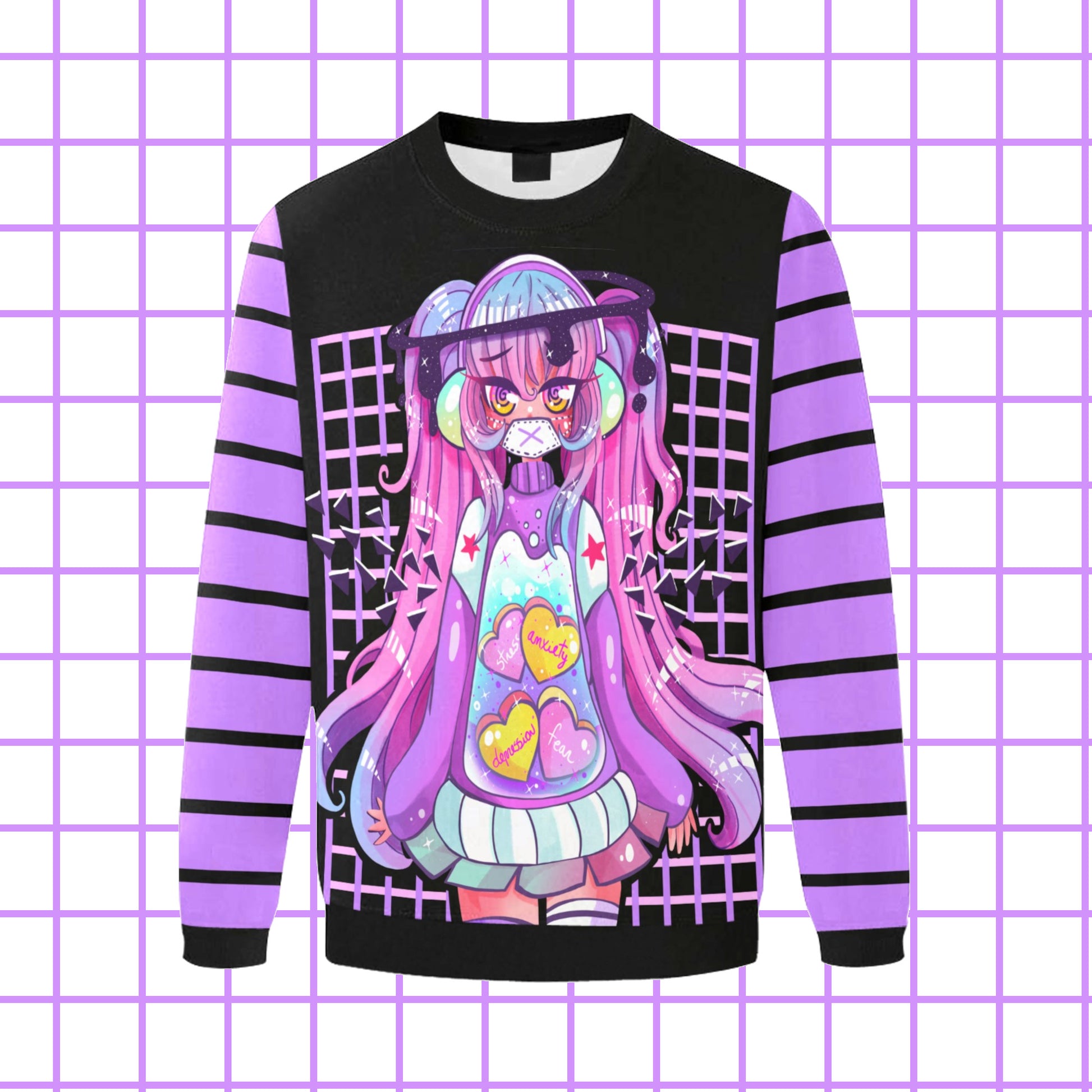 Purple  and black pastel goth sweatshirt displayed on square background.