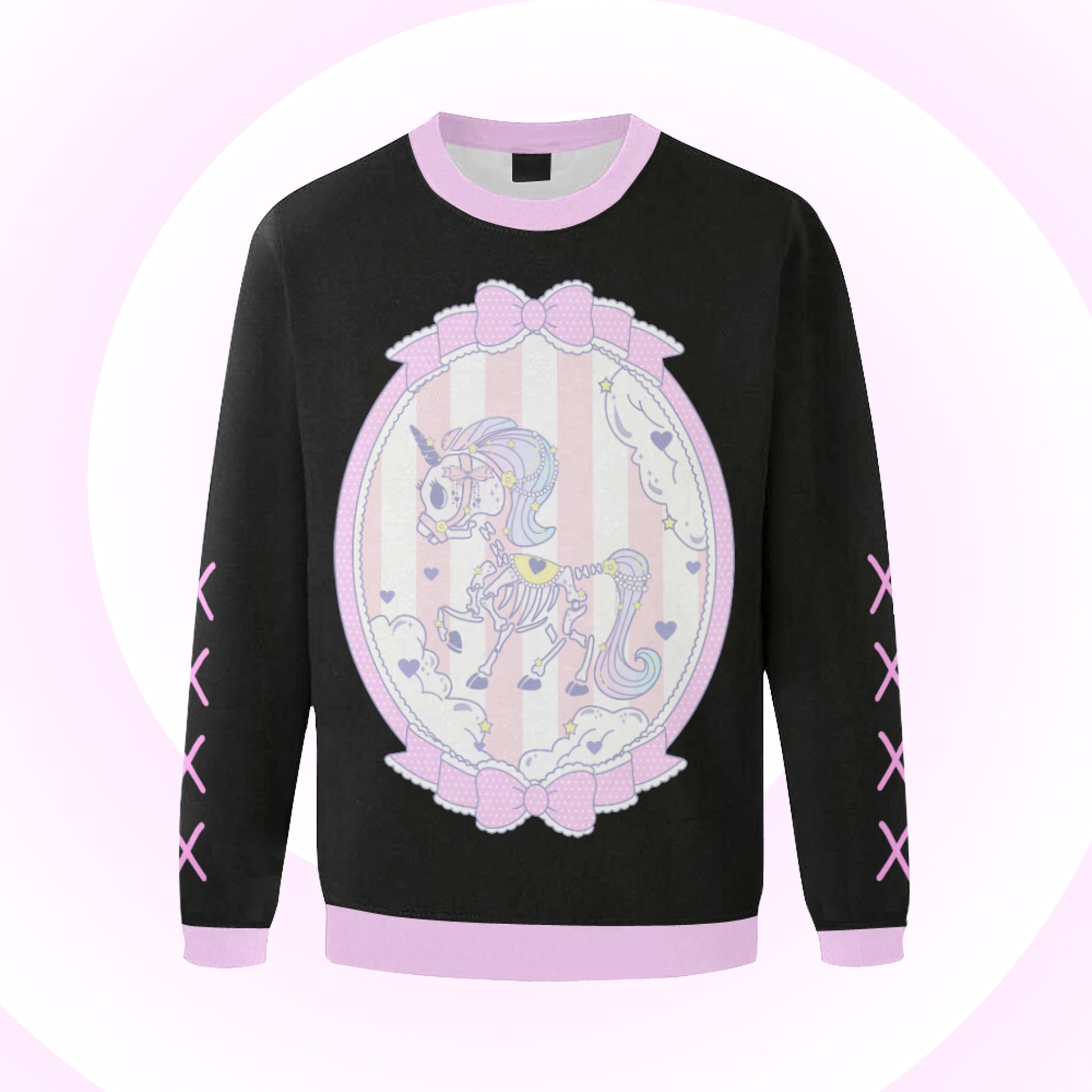 pastel goth yami kawaii unicorn skeleton oversized sweatshirt displayed on a pastel background.
