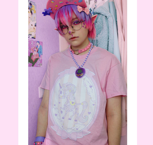Youth model wearing a kawaii pastel goth shirt 