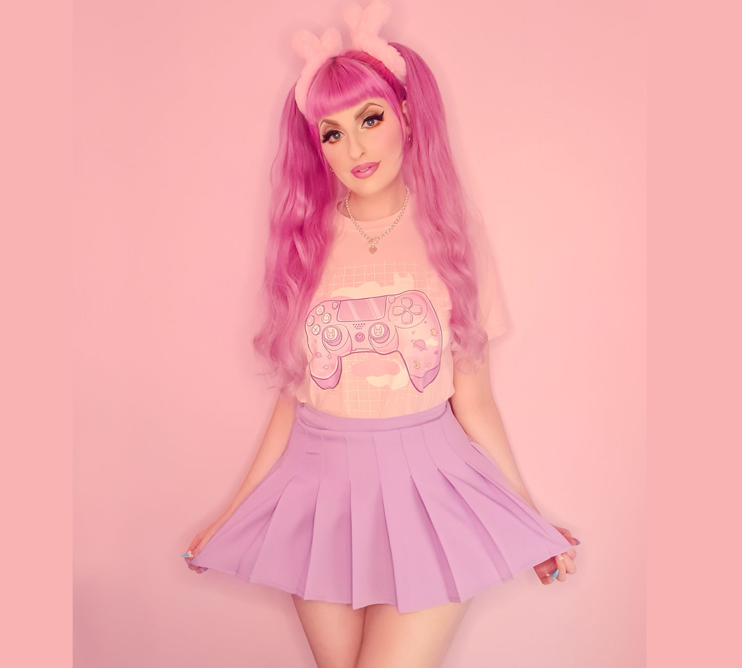 Youthful model wearing a cute kawaii t-shirt with pastel accessories