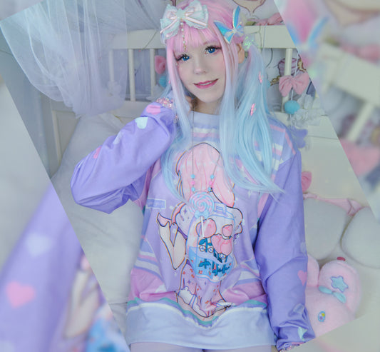 Youthful model wearing a pastel purple kawaii sweatshirt