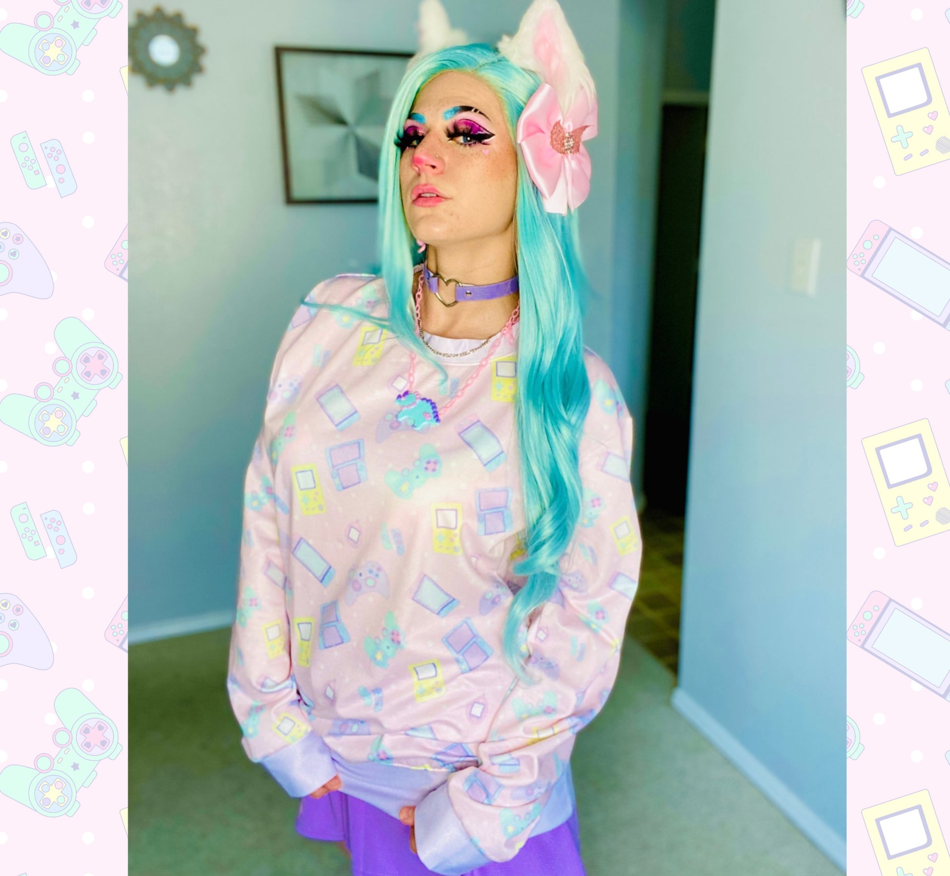 Youthful model wearing a cute videogame kawaii sweatshirt with pastel accessories
