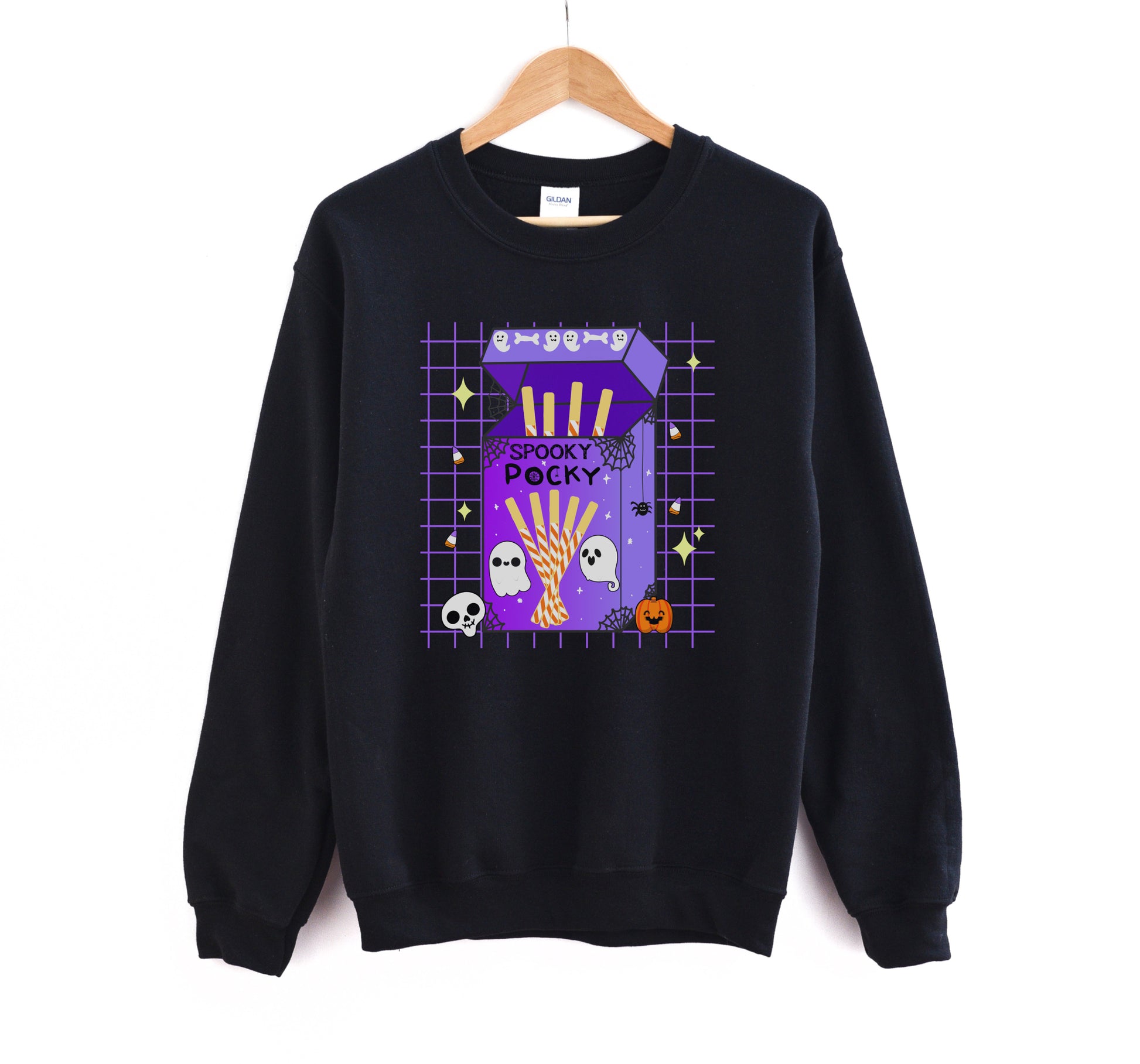 Black sweatshirt with Halloween-themed design on a white background