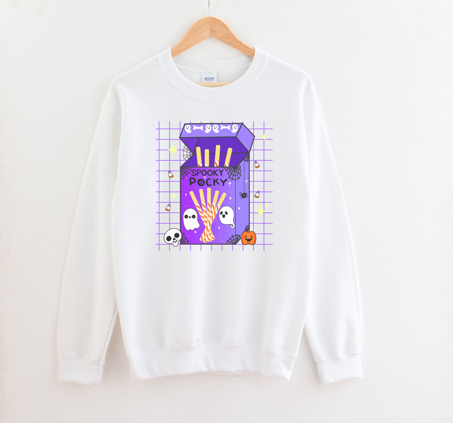 White sweatshirt with a Halloween-themed pocky box design on a white background