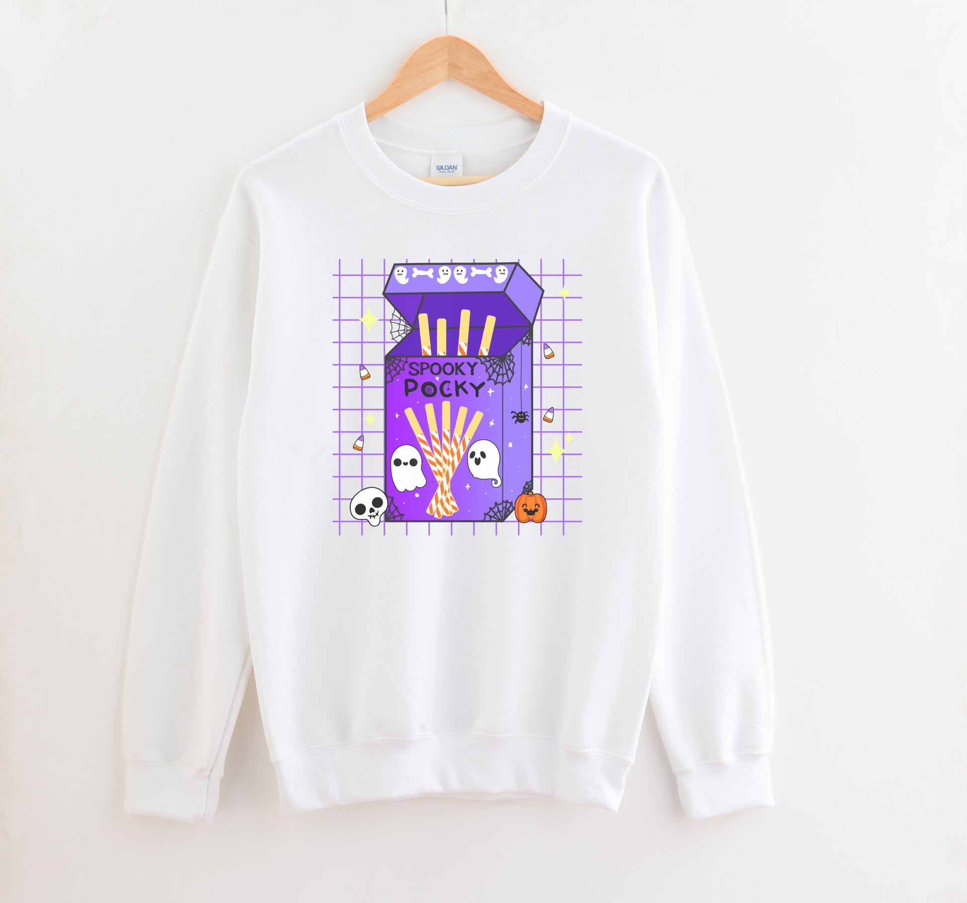 White sweatshirt with a Halloween-themed pocky box design on a white background