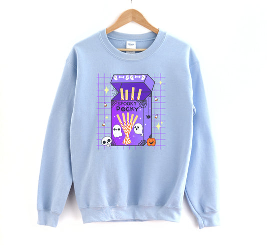 Light blue sweatshirt with Halloween-themed design on a white background