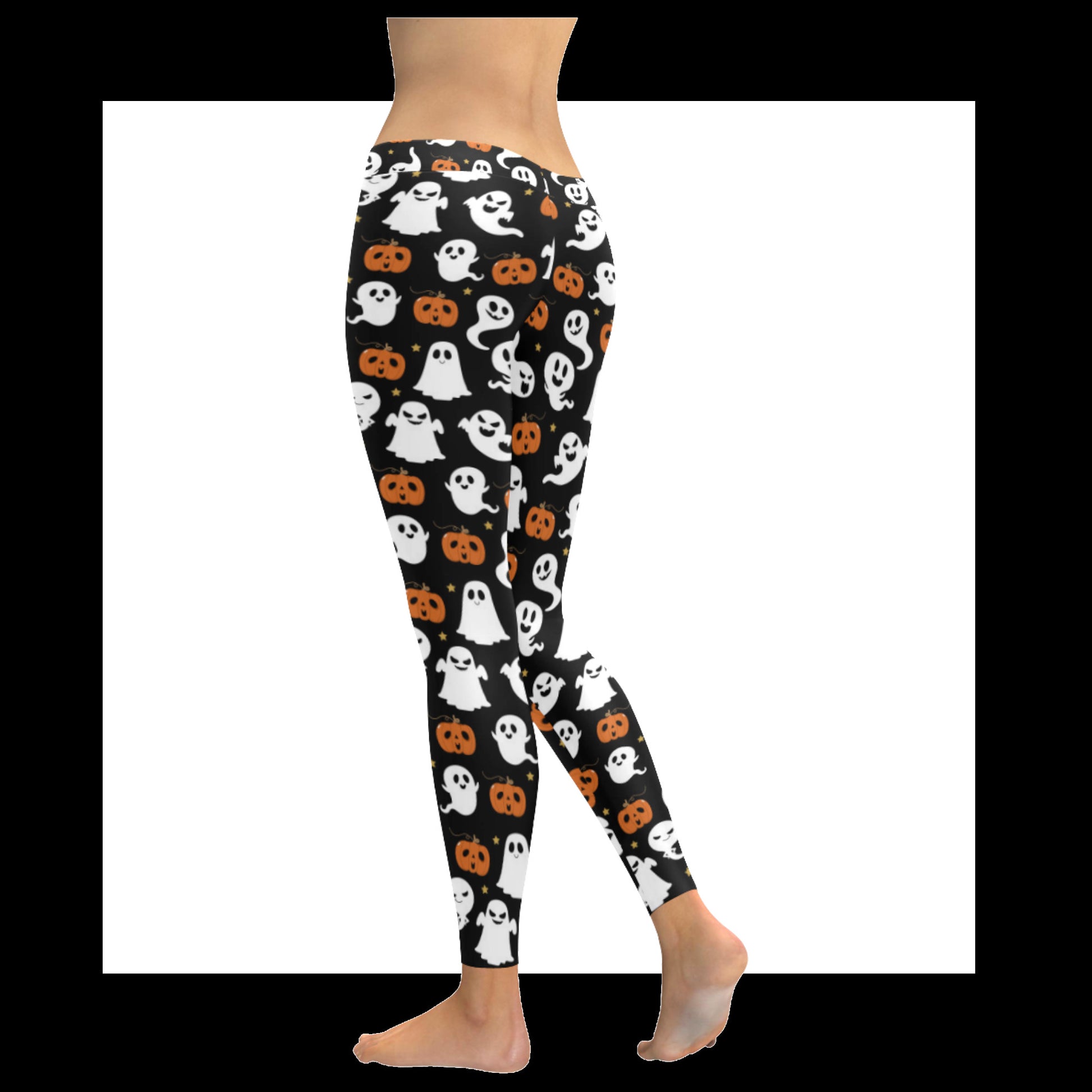 Black leggings with Halloween ghost and pumpkin pattern on a white background