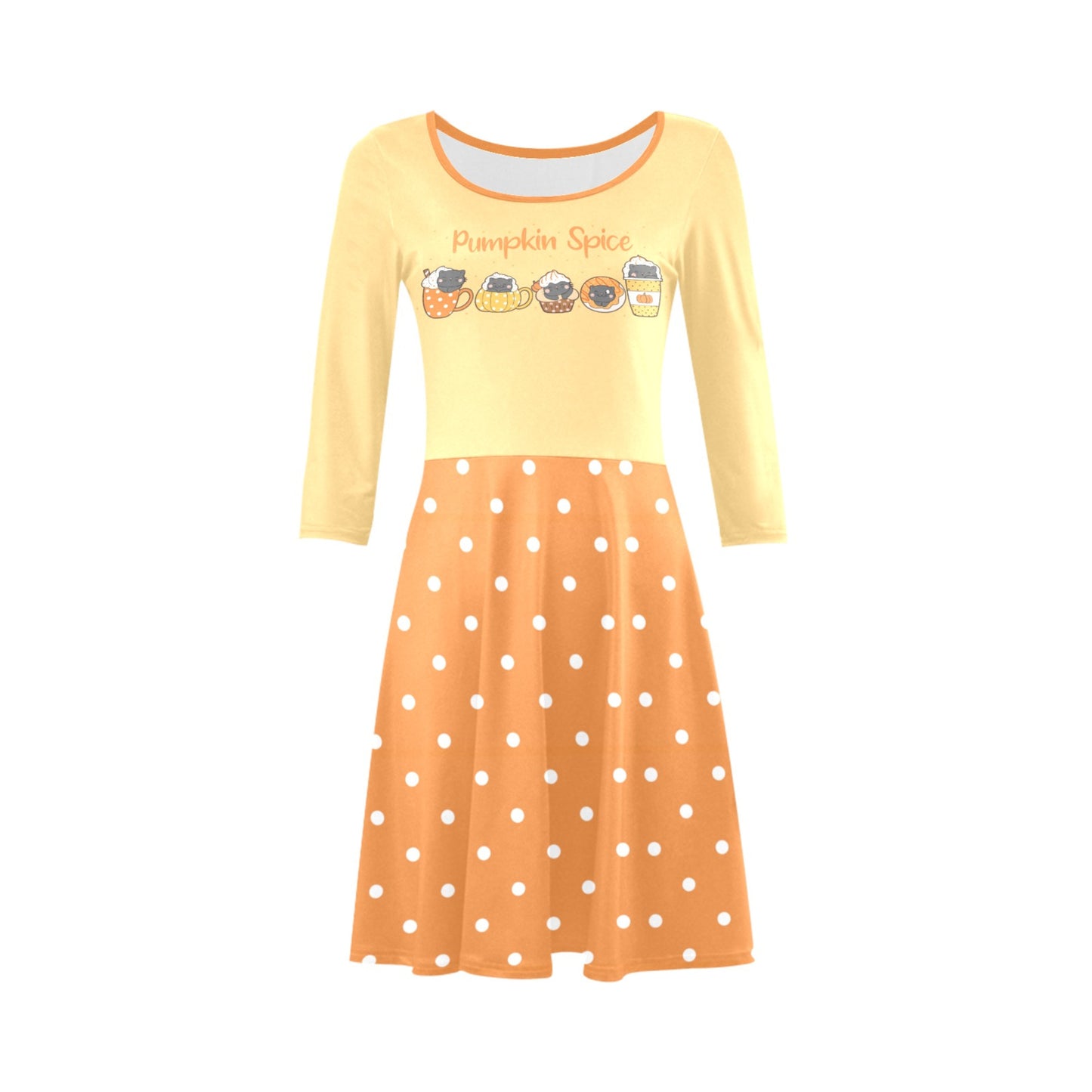 Pumpkin Dress with yellow top and orange polka dot skirt on a white background