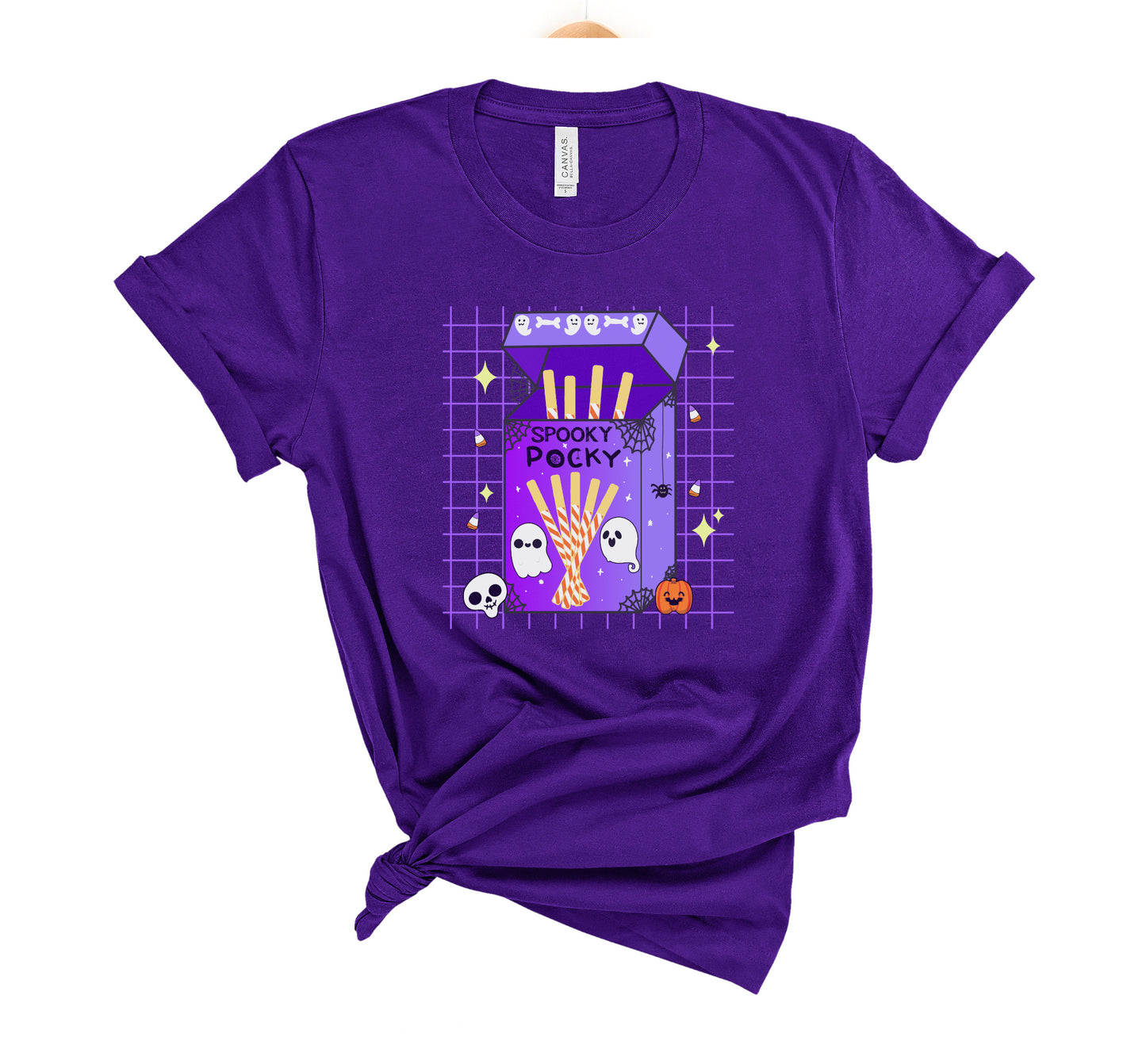 Purple t-shirt with a Halloween-themed graphic on a white background