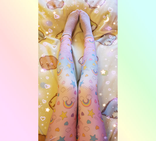 model wearing cute rainbow stars kawaii leggings in pastel colours