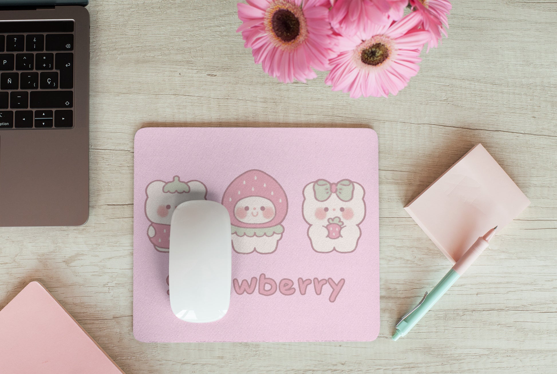 Pastel kawaii desk mat with charming motifs and cozy aesthetic