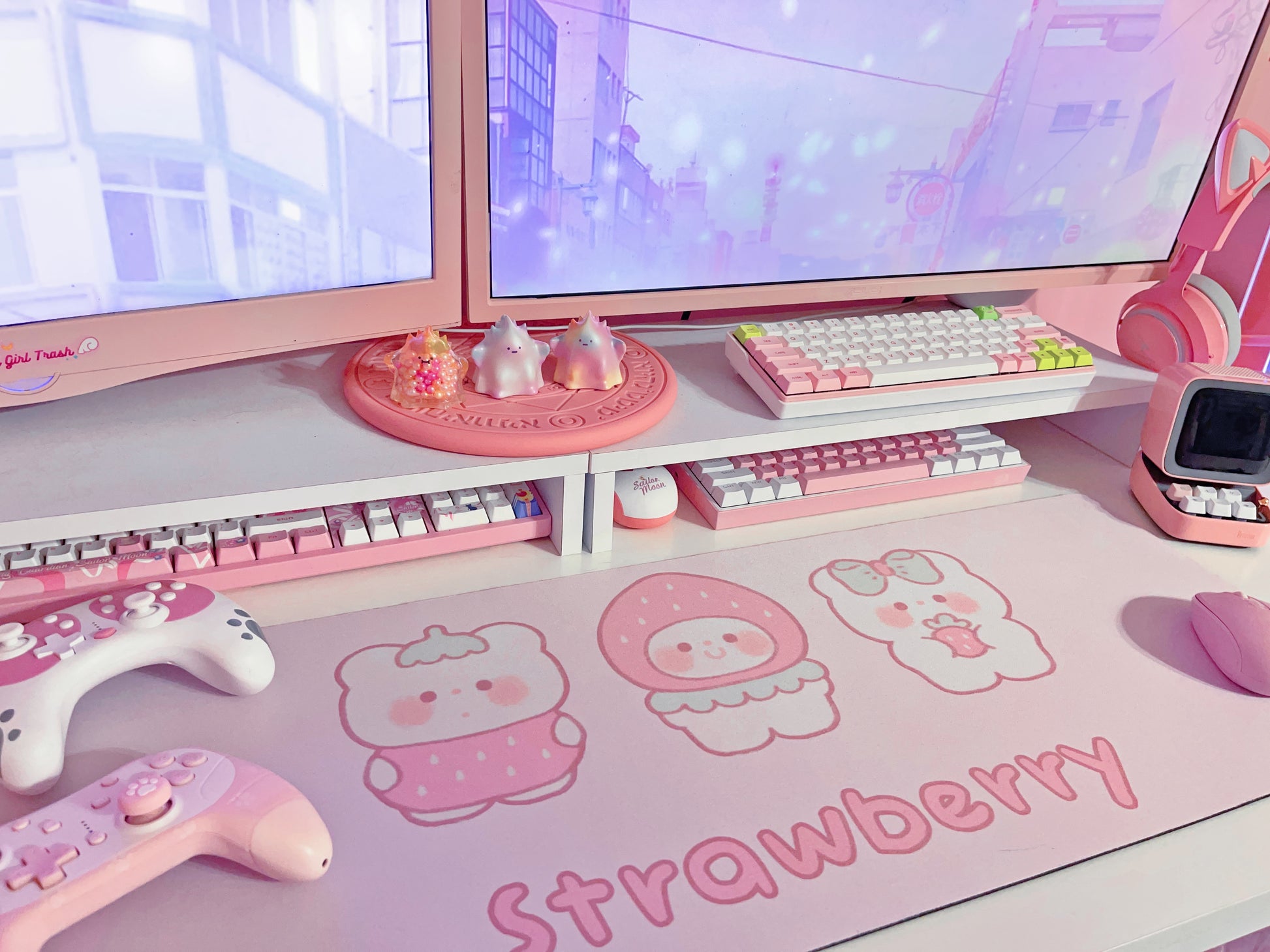 Pastel kawaii desk mat with charming motifs and cozy aesthetic