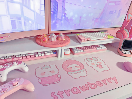 Pastel kawaii desk mat with charming motifs and cozy aesthetic