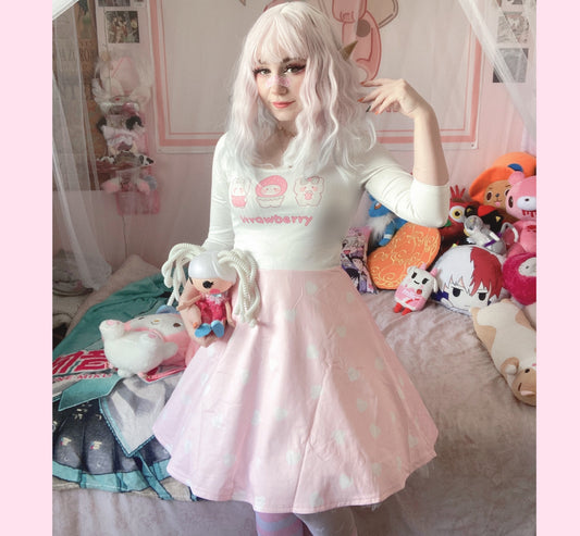 young model wearing a cute strawberry long kawaii dress