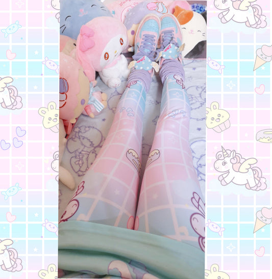 model wearing cute unicorn kawaii leggings in pastel colours