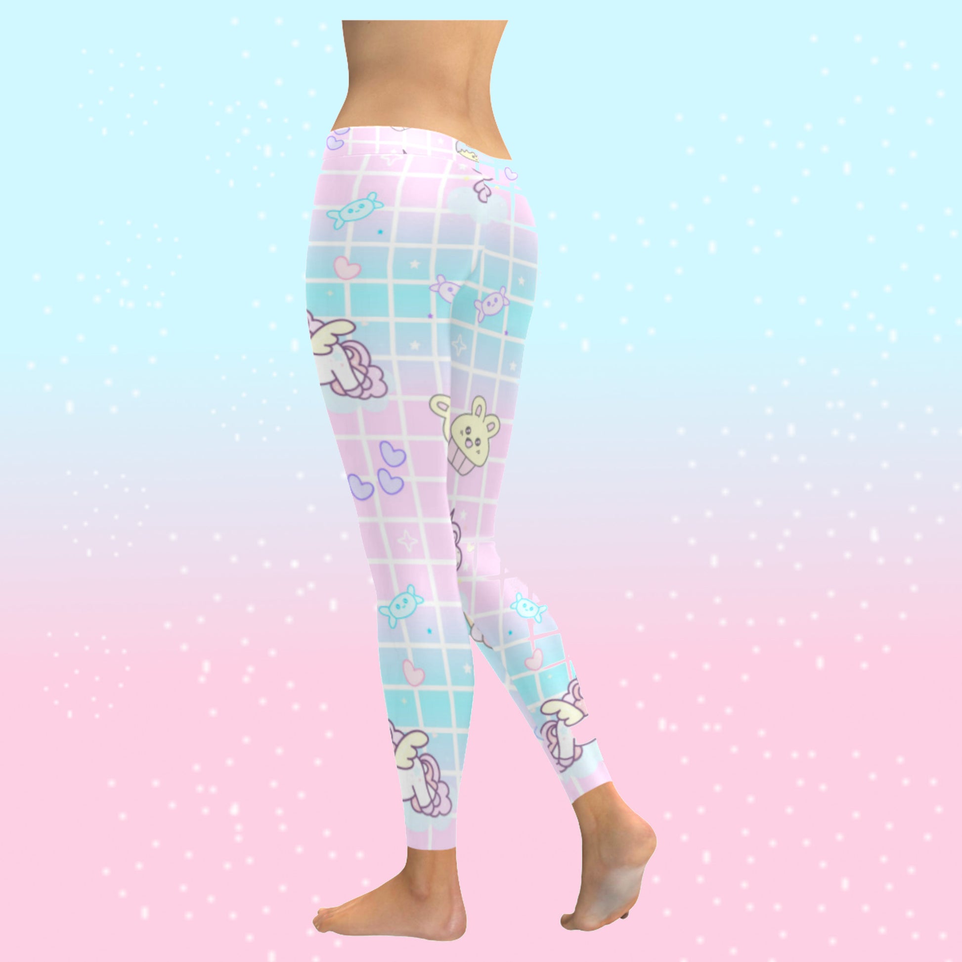 model wearing cute unicorn kawaii leggings on pink and blue background