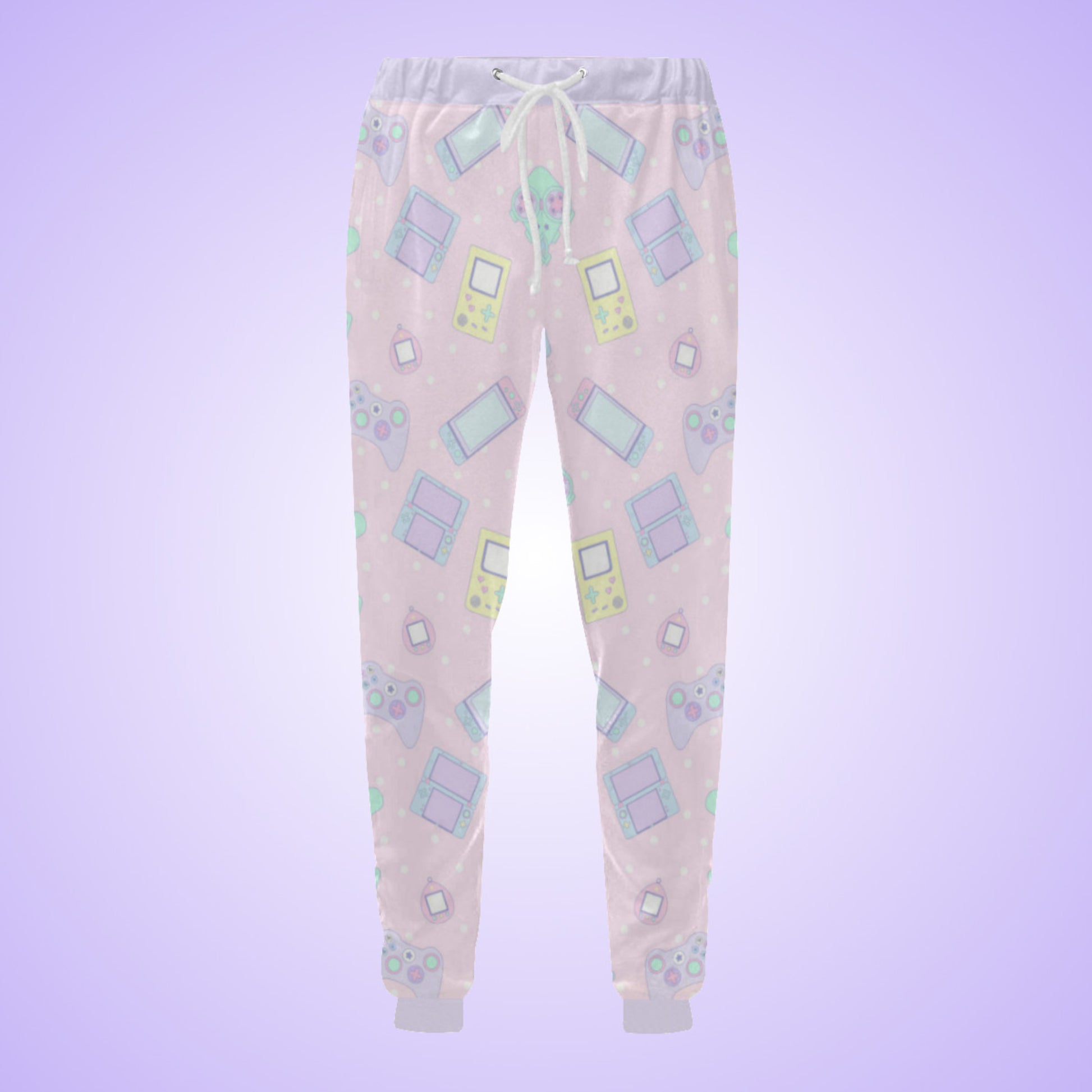 Yume Kawaii Fairy kei Video Game Jogger Pants displayed on pastel background.