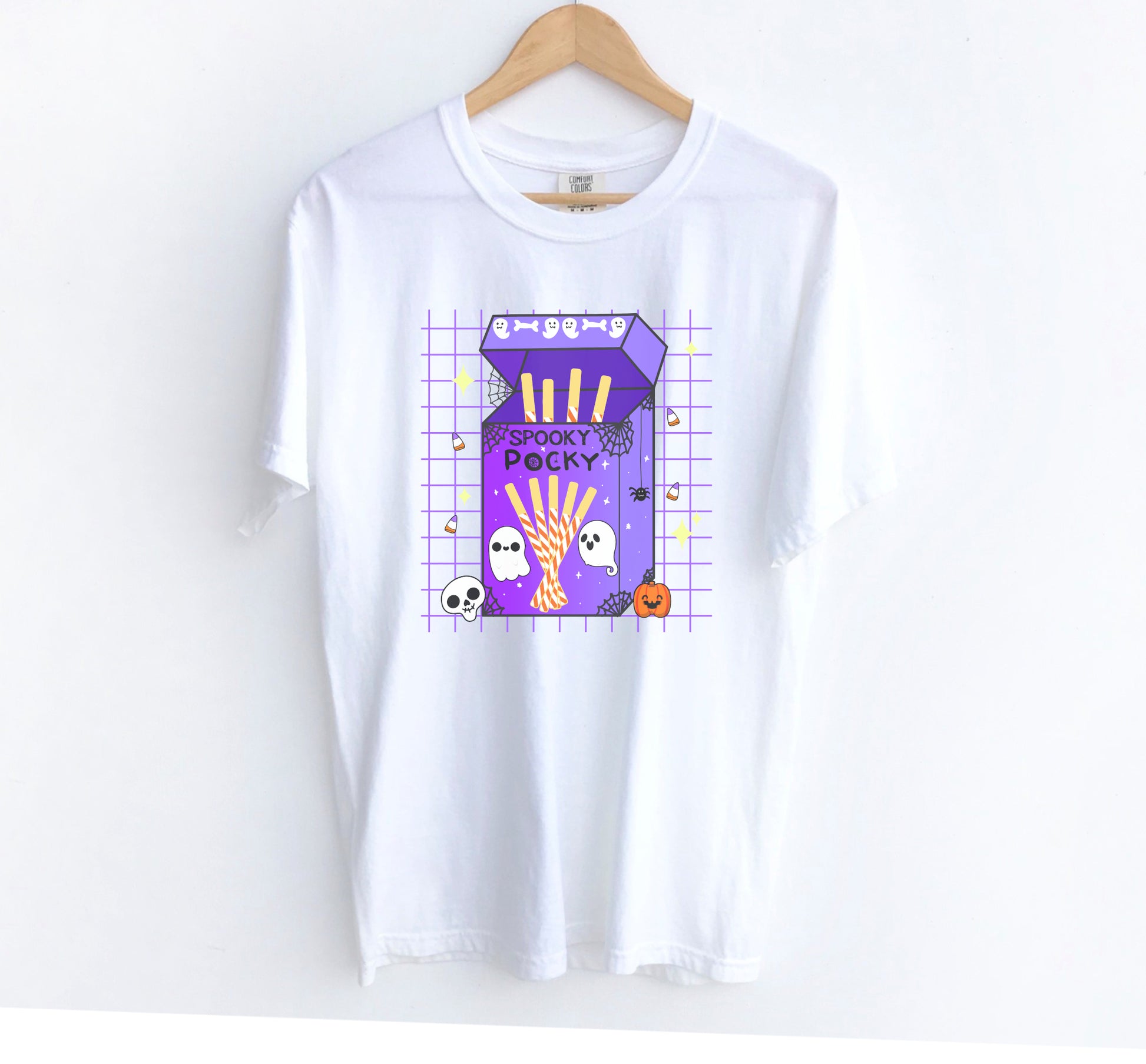 White t-shirt with a purple candy package graphic on a white background